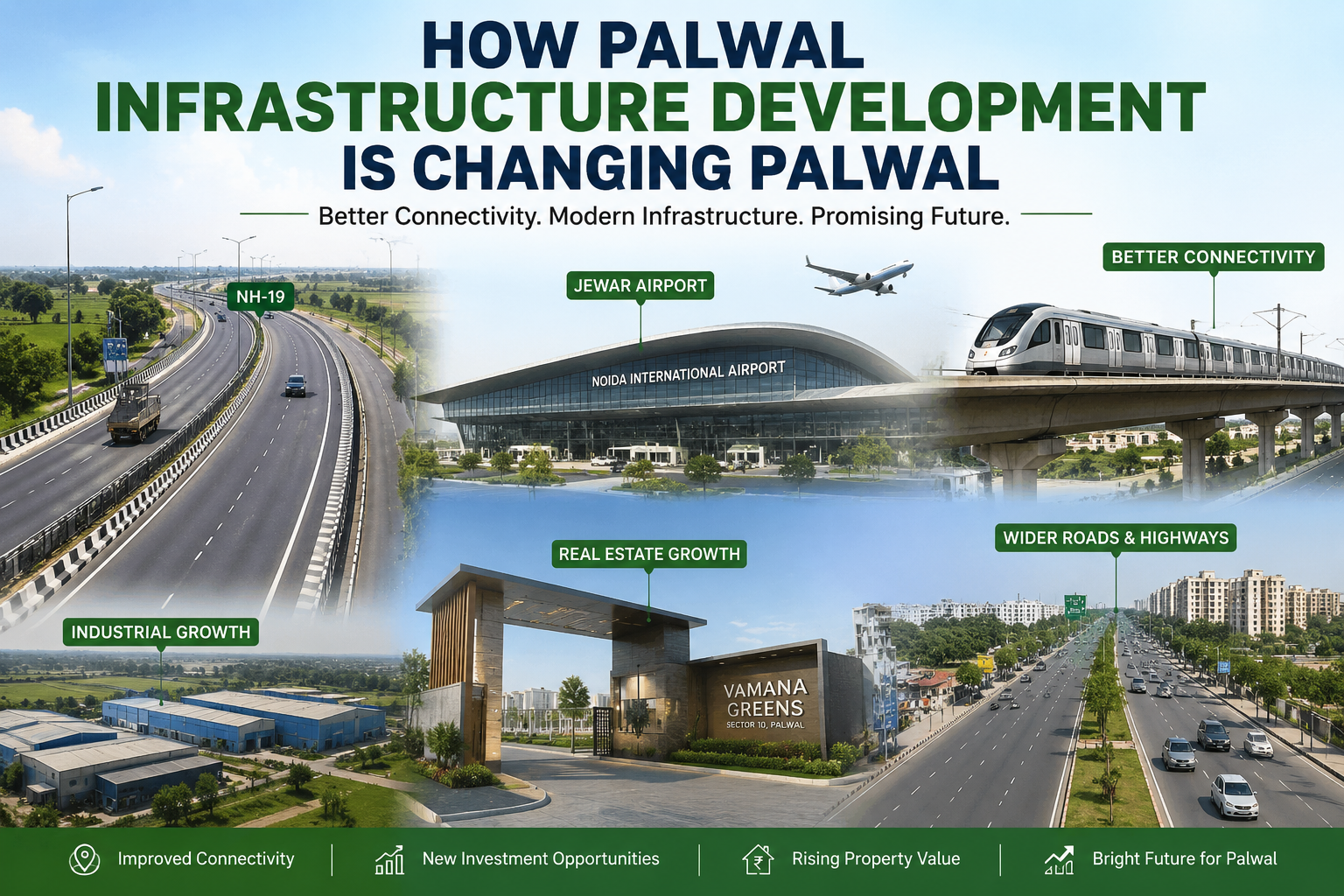 Palwal infrastructure development featuring NH-19 highway, Jewar Airport connectivity, industrial growth, modern roads, and residential real estate investment opportunities in Palwal.